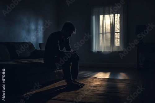 Silhouette depressed man sadly sitting on sofa in the living room. Sad asian man suffering depression insomnia awake and sit alone on the couch. Depression health people concept. Generative by AI.