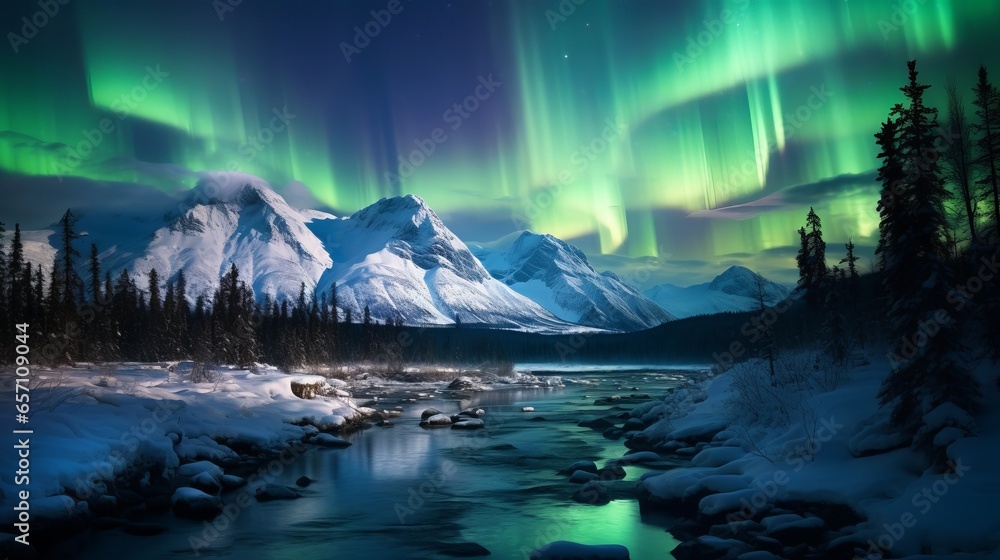 bright auroras over icesnow