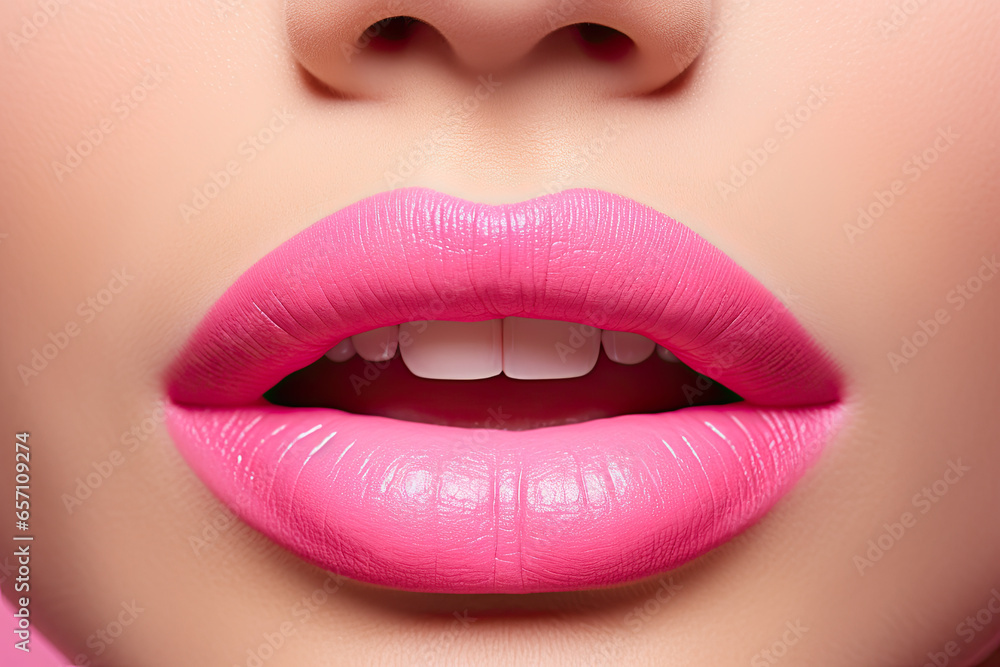 Obraz premium Close up of a pink woman's lips, beauty