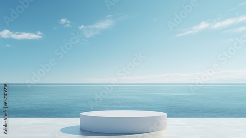 Minimalist white podium set against a calm ocean back