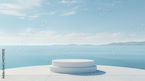 Minimalist white podium set against a calm ocean back © Nicolas Swimmer
