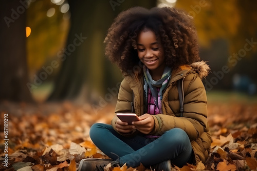 African American girl sitting on the ground in fallen autumn maple leaves looking in a cellphone. Neural network generated image. Not based on any actual person, scene or pattern.