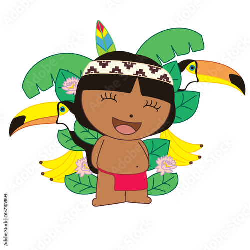 Cute Native Brazilian, indian person. Amazonia. Withou background. Best sign to tshirt