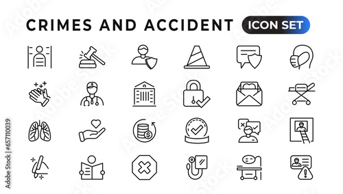 Crimes and accident linear icons collection.Set of thin line web icon set, simple outline icons collection, Pixel Perfect icons, Simple vector illustration