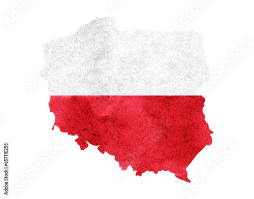 Hand-painted watercolor Poland map illustration. Country silhouette with the national red-white flag. Isolated on a transparent background