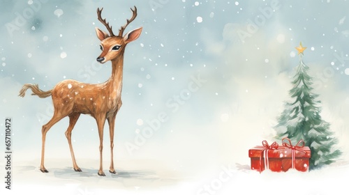 Cute little deer baby illustration, christmas illustration with adorable little deer winter forest snowy landscape © Chaiwiwat