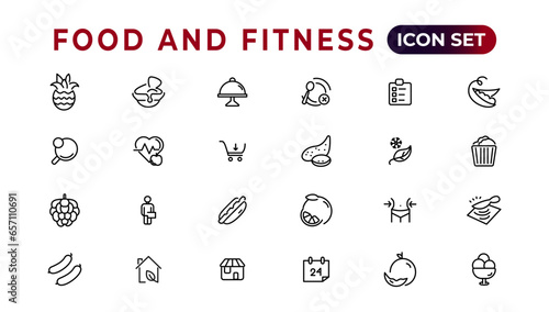 Food and fitness linear icons collection.Set of thin line web icon set, simple outline icons collection, Pixel Perfect icons, Simple vector illustration.