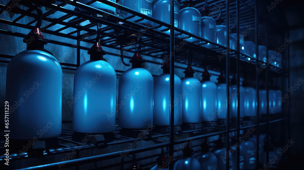 Lots of pressurized blue gas tanks. Gas industry, natural gas