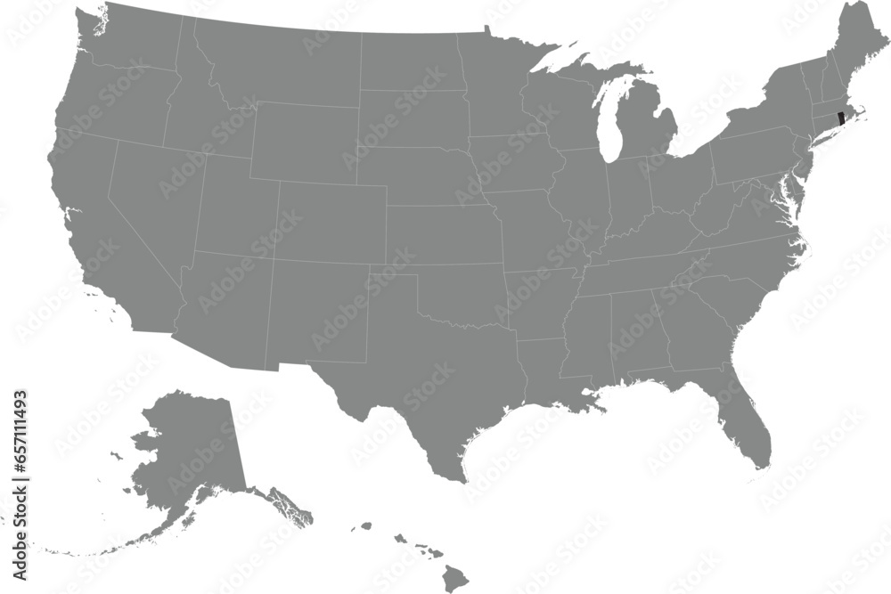 Black CMYK federal map of RHODE ISLAND inside detailed gray blank political map of the United States of America on transparent background