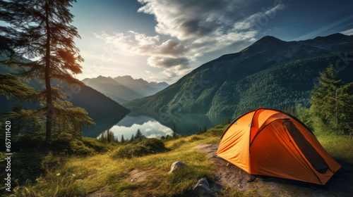 A camping tent in a nature hiking spot  Relaxing in mountain  next to lake river.