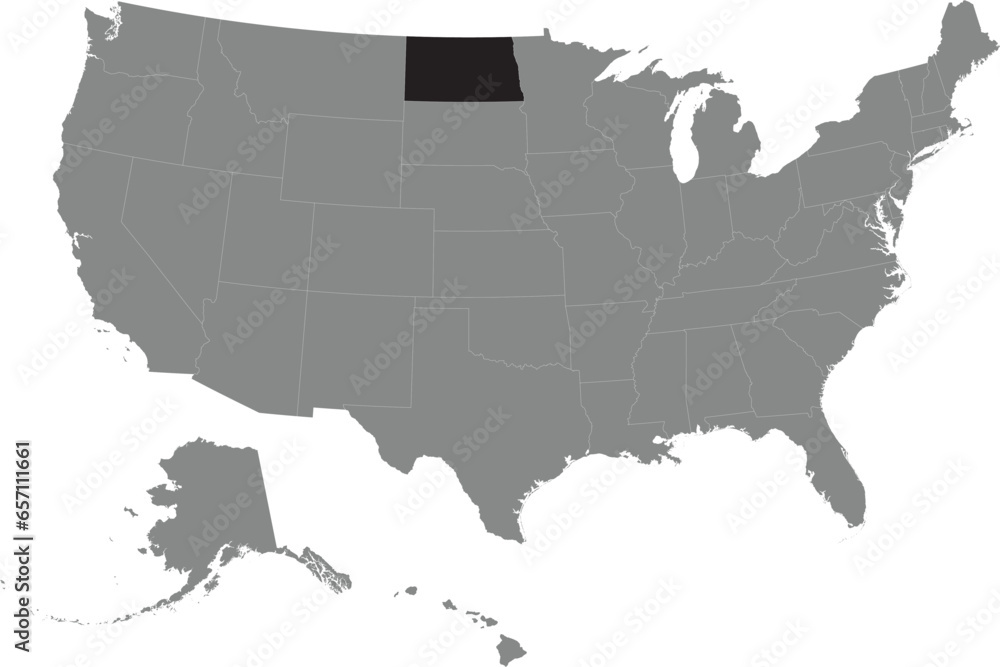 Black CMYK federal map of NORTH DAKOTA inside detailed gray blank political map of the United States of America on transparent background