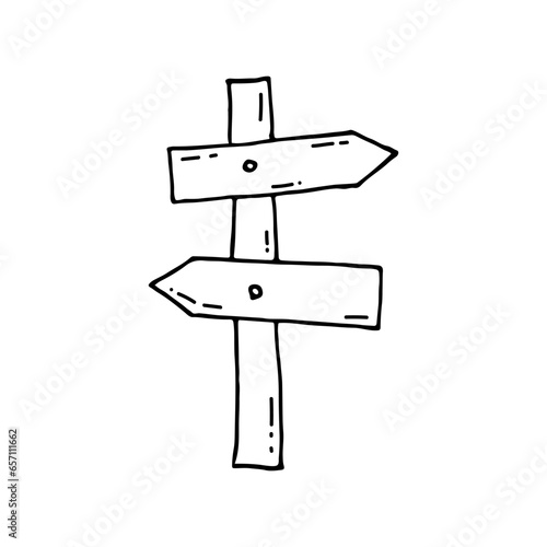 Wooden sign on a pole. Indicates the direction to a populated area. Doodle. Vector illustration. Hand drawn. Outline.