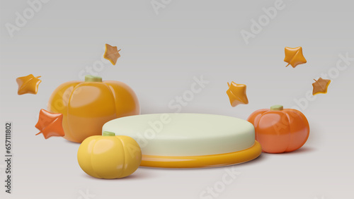 Autumn 3d realistic podium with pumpkins and fall leaves. Product display background with empty space. Vector three dimensional design with plastic elements for banners, posters, advertisements.