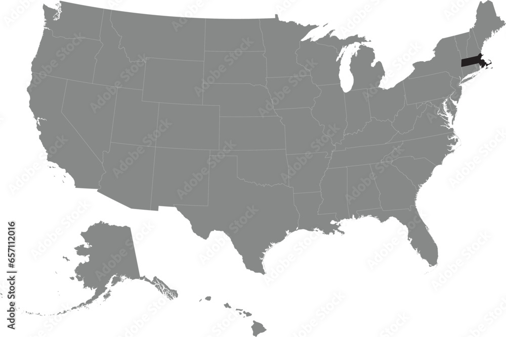 Black CMYK federal map of MASSACHUSETTS inside detailed gray blank political map of the United States of America on transparent background