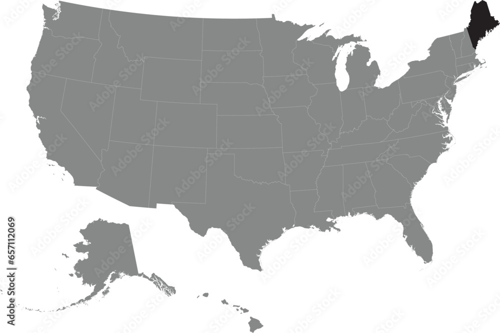 Black CMYK federal map of MAINE  inside detailed gray blank political map of the United States of America on transparent background