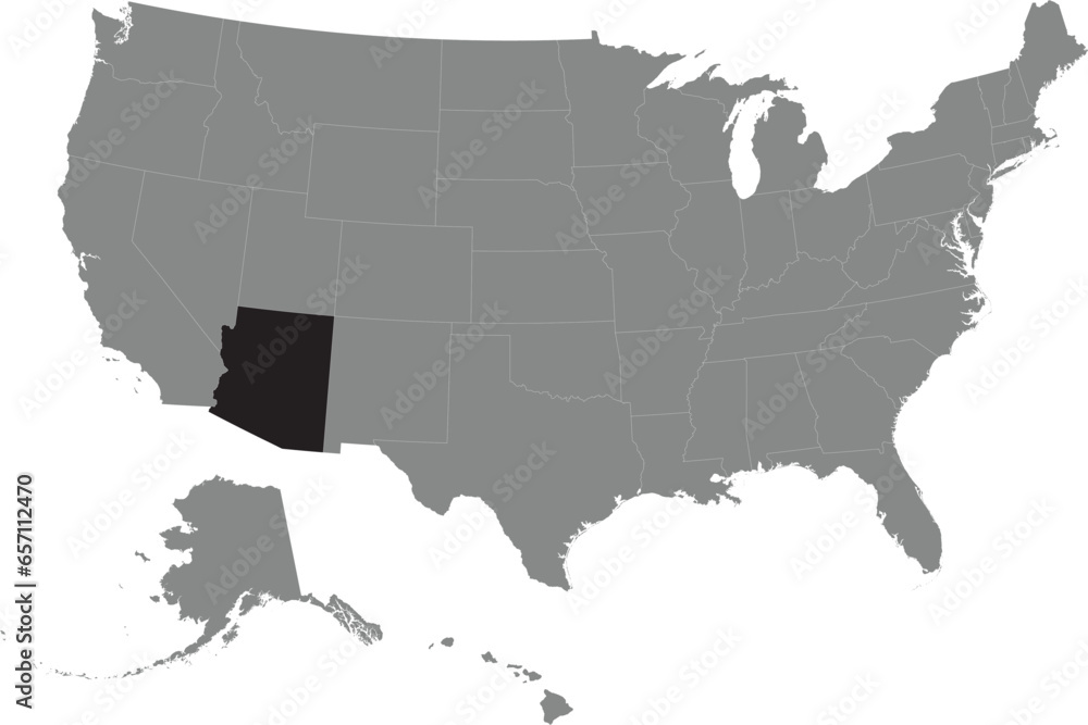 Black CMYK federal map of ARIZONA inside detailed gray blank political map of the United States of America on transparent background