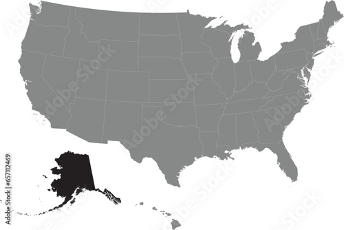 Black CMYK federal map of ALASKA inside detailed gray blank political map of the United States of America on transparent background