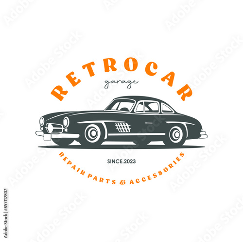 Vintage or retro or classic car logo design, vector illustration. Retro emblem of car repair, restoration and club design element.