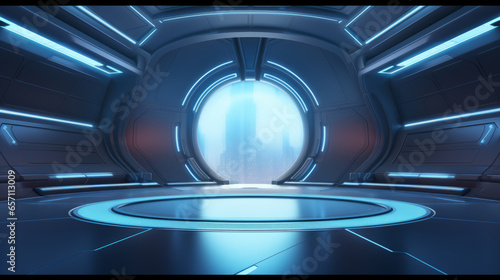 Fototapeta Naklejka Na Ścianę i Meble -  empty futuristic space ship deck background with blue light.