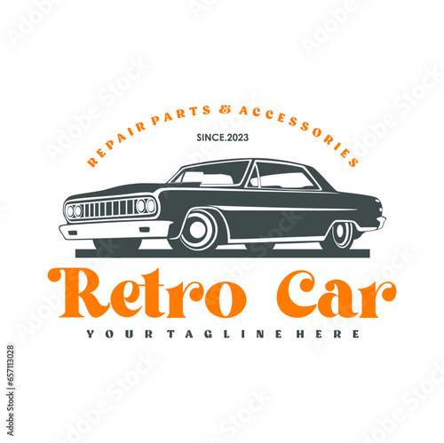 Vintage or retro or classic car logo design, vector illustration. Retro emblem of car repair, restoration and club design element.