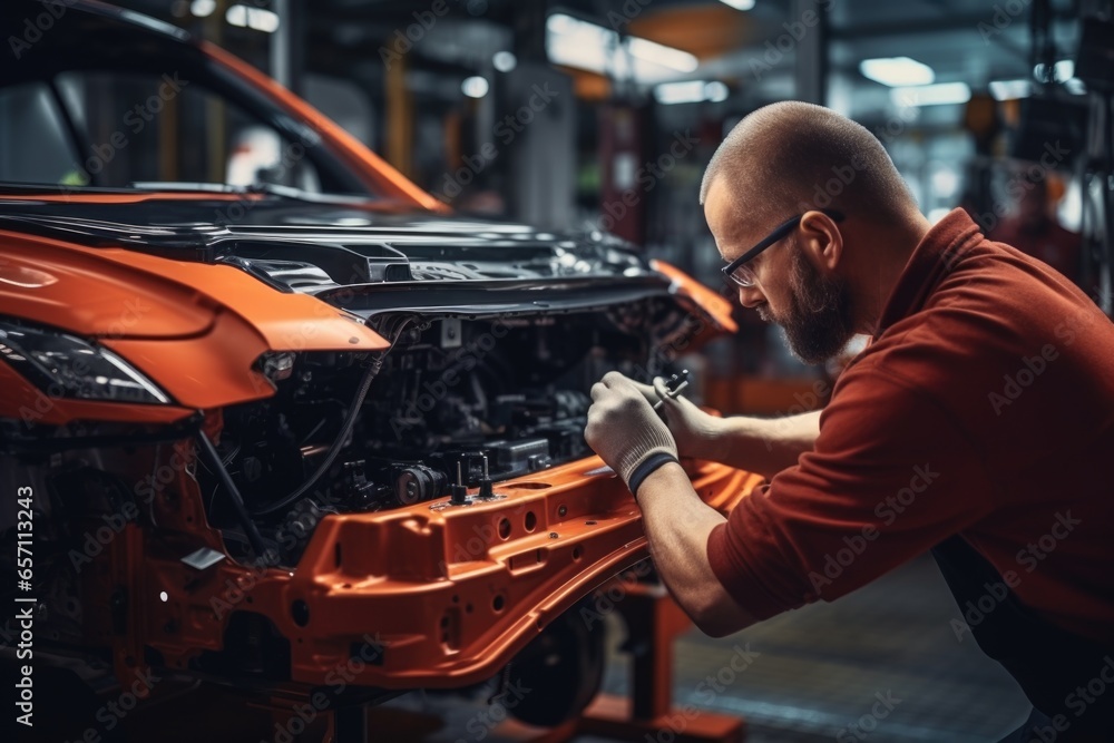 A man is seen working on a car in a factory. This image can be used to depict automobile manufacturing, car maintenance, or industrial work.