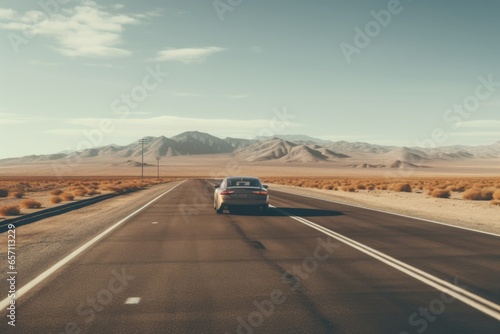 A car driving down the middle of a desert road. Perfect for travel, adventure, or road trip themes. © Fotograf