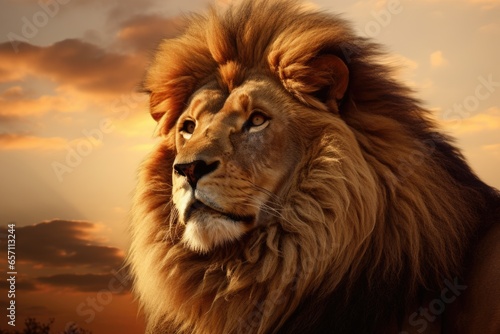 A close up photograph of a majestic lion with a cloudy sky in the background. This image captures the powerful and regal presence of the lion. Perfect for wildlife enthusiasts and nature lovers.