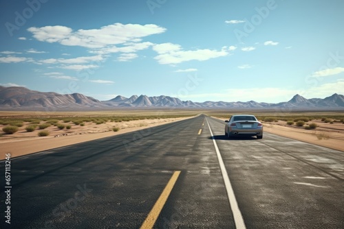 A car driving down a desert road with majestic mountains in the background. This image captures the sense of adventure and freedom on a scenic road trip. Perfect for travel blogs, adventure websites, 