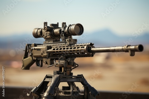 A powerful machine gun mounted on a sturdy tripod. Perfect for military or action-themed projects.