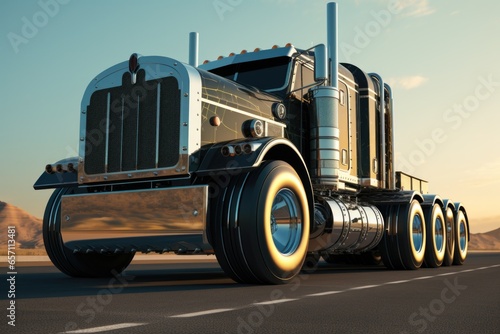A picture of a large semi truck driving down a highway. This image can be used to depict transportation, logistics, or the trucking industry.