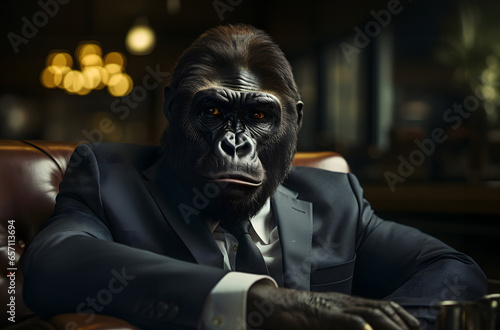 Friendly gorilla in business suit in modern office.