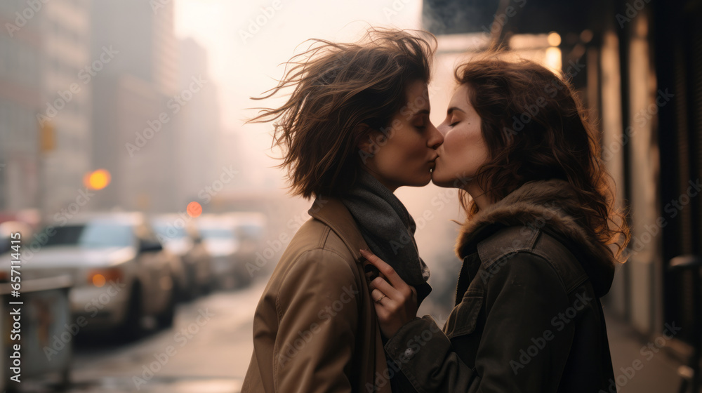 Lesbian couple kissing in city street