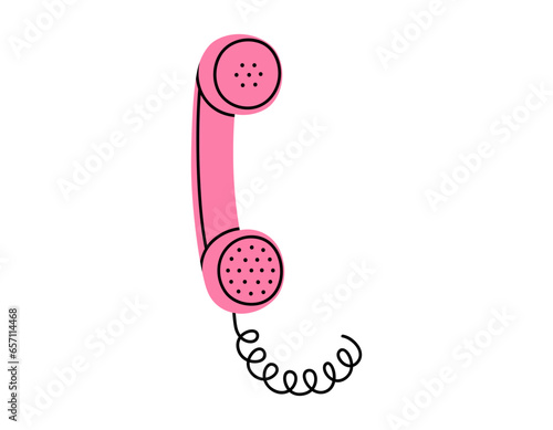 Hand drawn cute cartoon illustration of pink retro phone handset. Flat vector old telephone with dial sticker in simple colored doodle style. Call device icon or print. Isolated on white background.