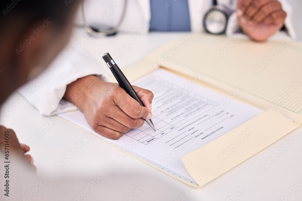 Doctor, patient and hands writing on documents for prescription, diagnosis or results on table at hospital. Closeup of medical worker filling healthcare paperwork, life insurance or policy at clinic Doctor, patient and hands writing on documents for prescription, diagnosis or results on table at hospital. Closeup of medical worker filling healthcare paperwork, life insurance or policy at clinic