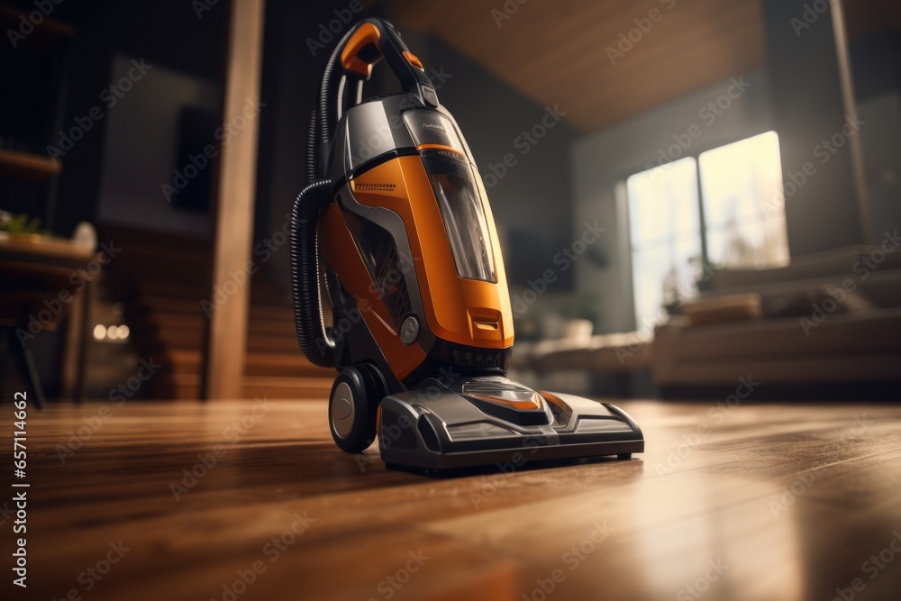 A detailed close-up shot of a vacuum cleaner placed on a wooden floor. This image can be used to depict cleaning, household chores, or maintaining cleanliness in a space.