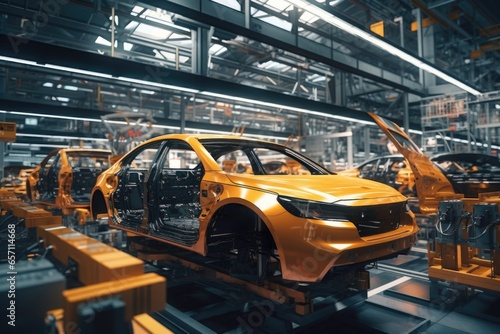 A car being assembled in a factory. This image can be used to showcase the manufacturing process in the automotive industry.