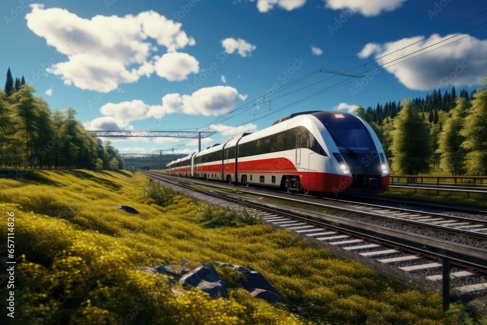 A vibrant red and white train making its way along the train tracks. Perfect for transportation and travel-related projects. A vibrant red and white train making its way along the train tracks. Perfect for transportation and travel-related projects.