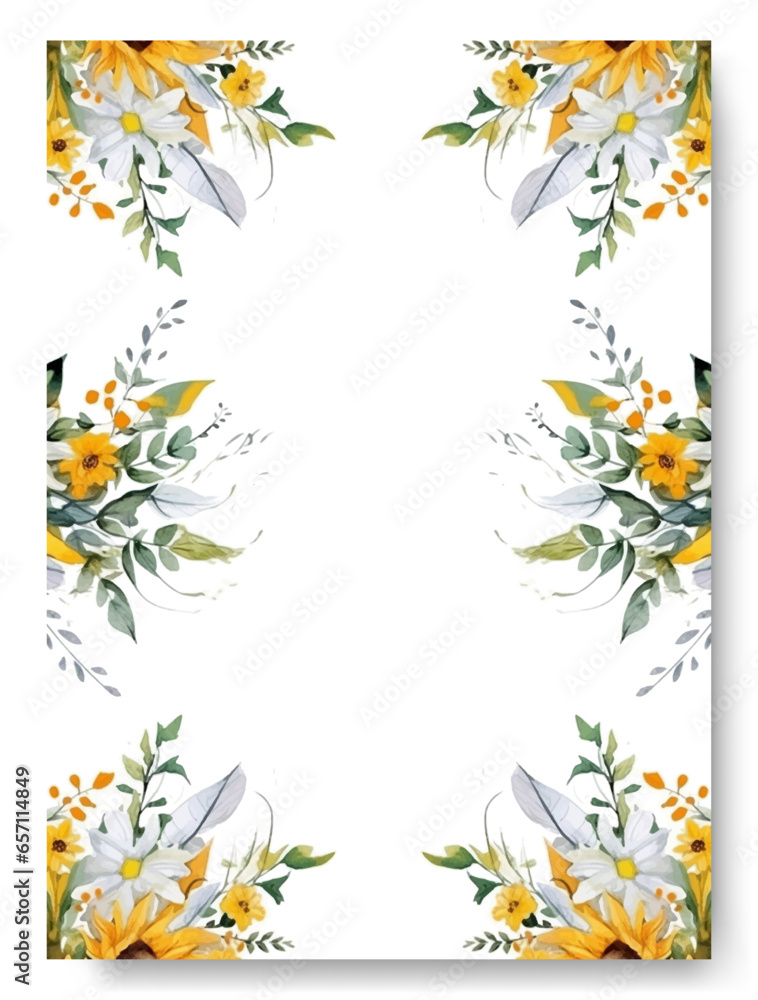 Yellow sunflower floral decoration flyers postcards vintage style vector illustration design. Elegant border wedding card with beautiful floral and leaves template