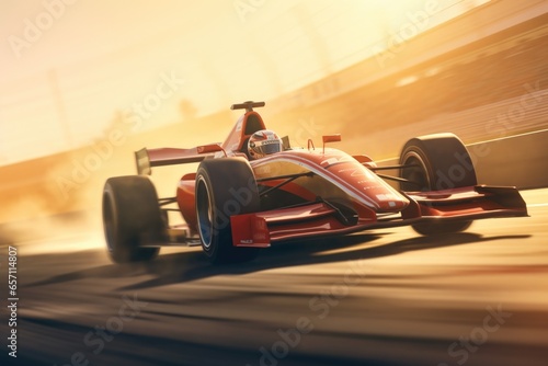 A red race car speeding on a race track. Perfect for illustrating speed, competition, and adrenaline-fueled events.