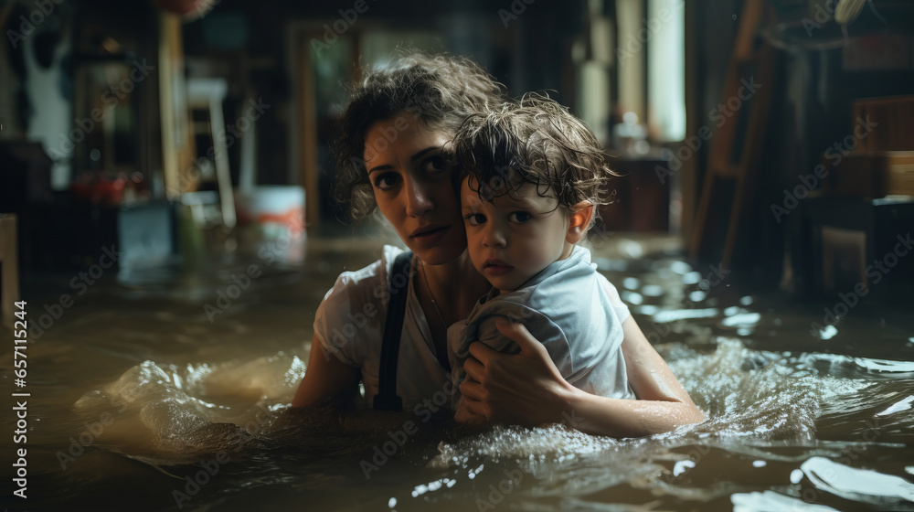 Scared mum protecting her son from flood