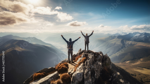 Happy man with arms up jumping on the top of the mountain. Successful hiker celebrating success on the cliff