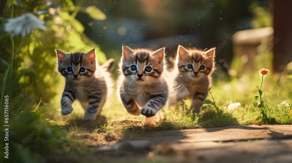 3 chatons courent dans l'herbe, généré par IA