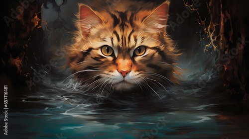 peinture digitale d'un chat tigré dans l'eau, généré par IA