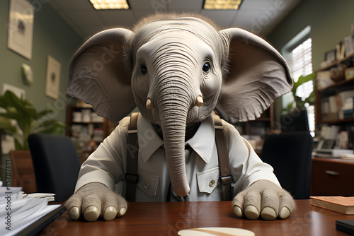 Funny elephant in business suit in office.