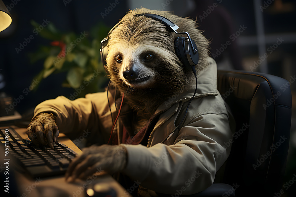 Funny sloth in casual clothing with headset, customer service. Funny sloth in casual clothing with headset, customer service.