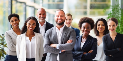 Group of diverse businesspeople smiling confidently while standing arm in arm together in a bright modern office.