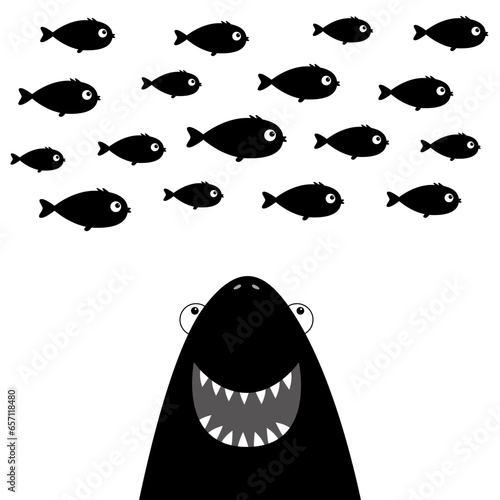 Shark head face with big open mouth and sharp teeth. Fish set. Black silhouette. Cute cartoon kawaii animal character. Sea ocean wild animal. Baby card. Sticker print. Flat design. White background