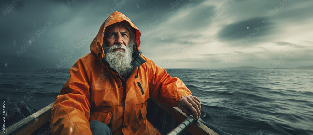 Old man sailor sailing on his boat in a storm steering the wheel. - obrazy, fototapety, plakaty 