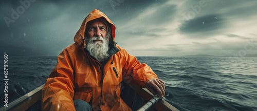 Old man sailor sailing on his boat in a storm steering the wheel. photo