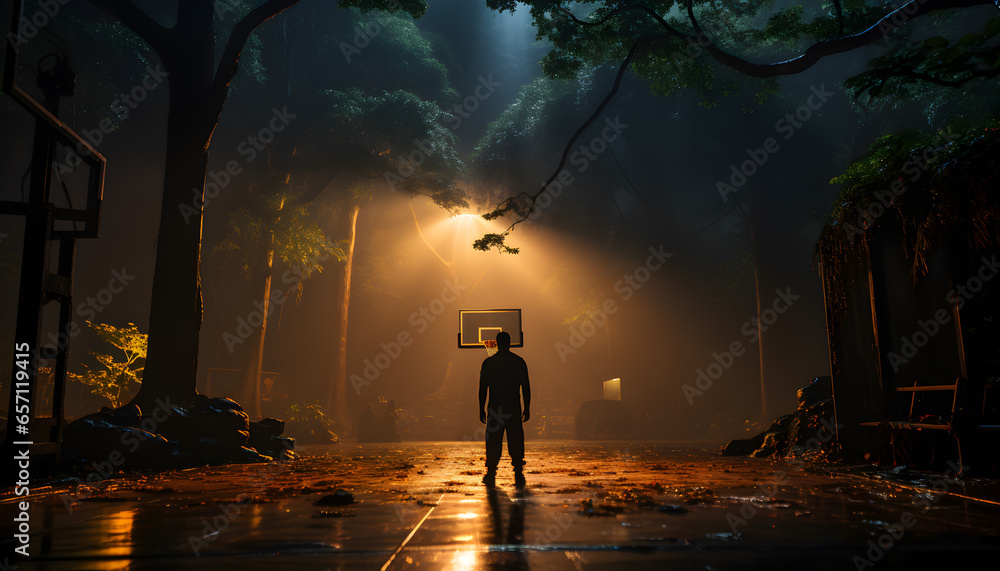 Fototapeta premium Night outdoor basketball court, a alone man on basketball court - Generative AI
